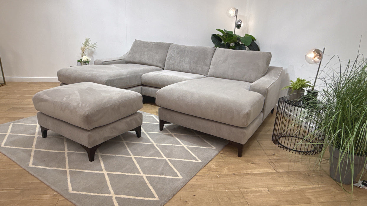Sofology Wildwood Fabric 4 Seater Double Chaise with Footstool in Soft Sherpa Silver Contrast Piping Mix