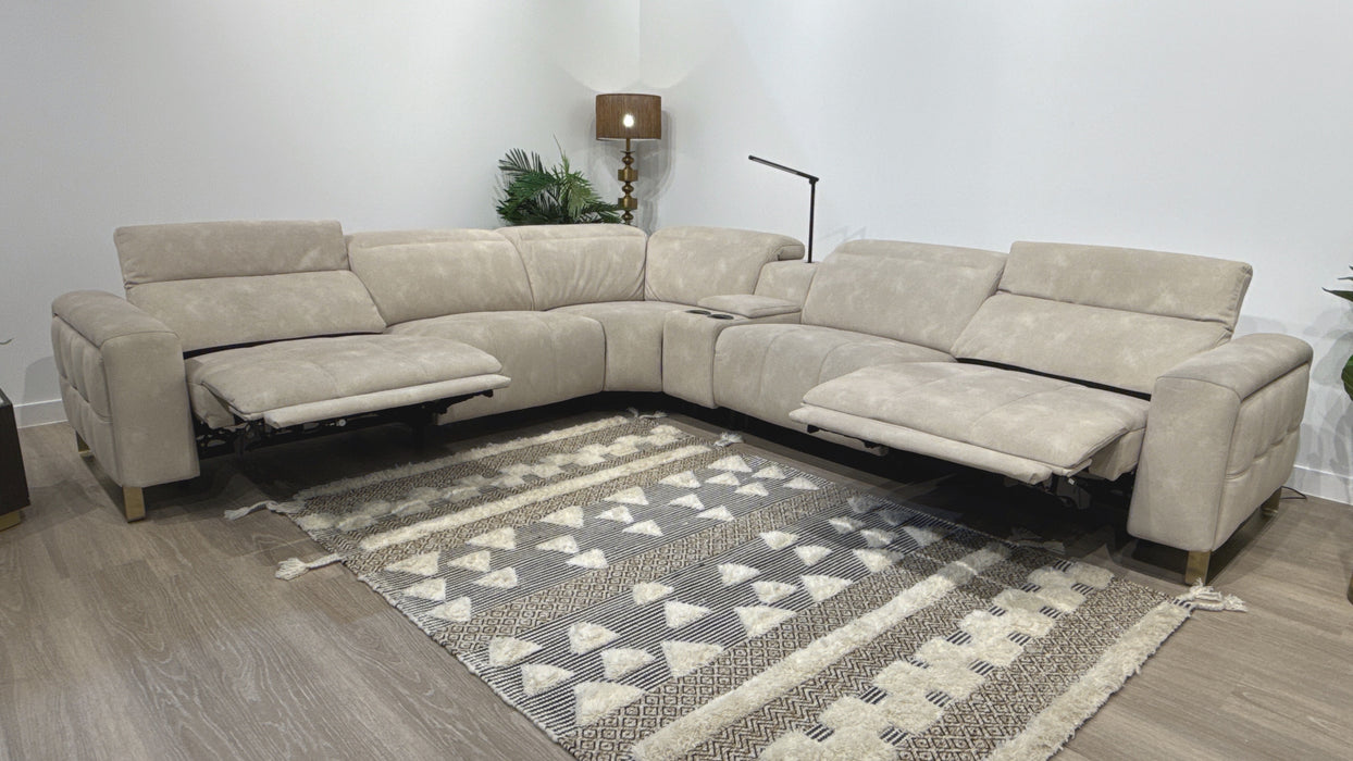 Sofology Marvella Fabric 3 Corner Console 3 Power Recliner/Headrest in Lifestyle Flecked Ivory