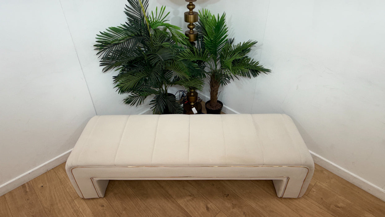Sofology Oscar Fabric Large Bench Footstool Gold Trim in Super Matt Velvet Ecru