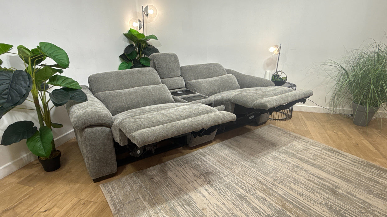 Sofology Elevate 2.5 Seater Screen Console Power Recliner/Headrest Heated Seats Lumbar Support Speakers in Chenille Grey Fab
