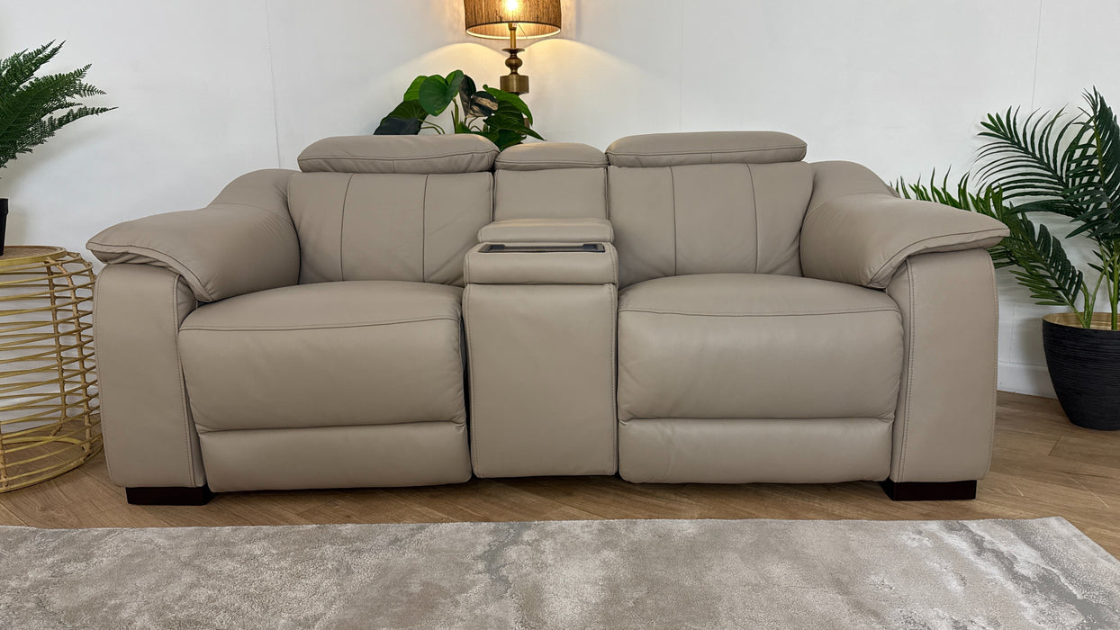 Sofology Leather Carrera 2 Seater Smart Console Power Recliner/Headrest Heated Seat in Trusty Embossed Stone