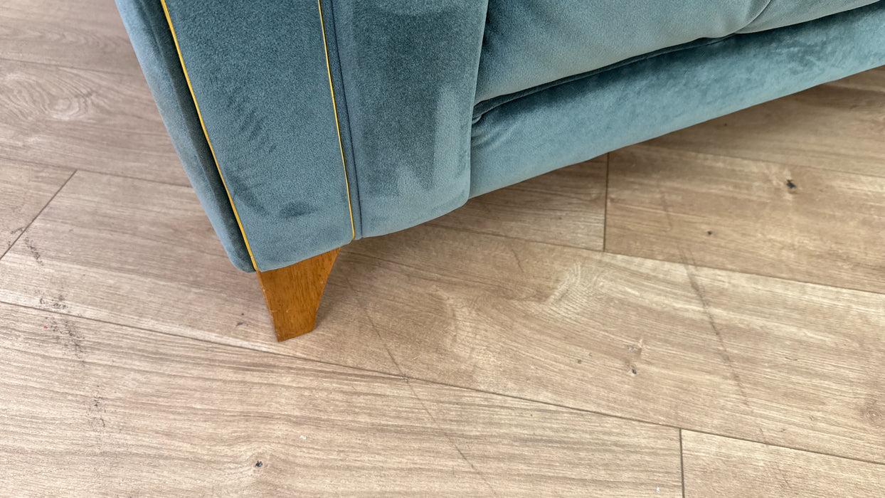 Sofology Midsummer Fabric Loveseat Gold Trim in Day Teal Mix