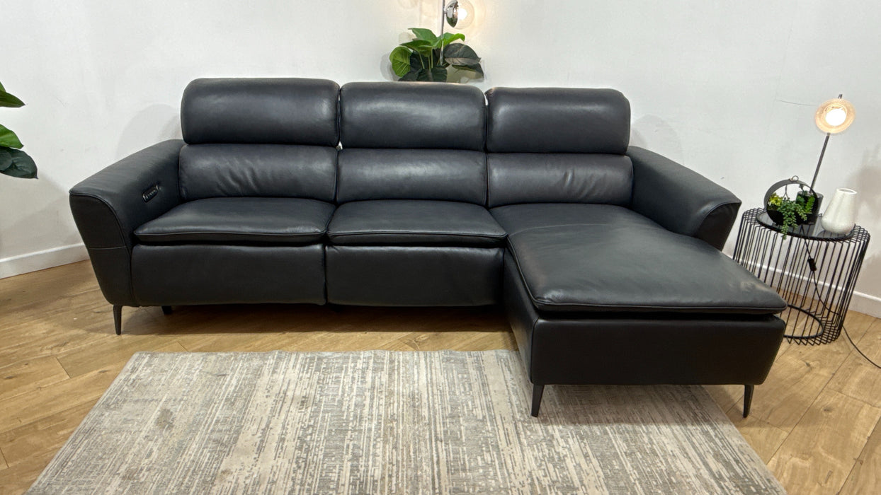 Sofology Viento Leather 3 Seater Chaise Power Recliner/Headrest Lumbar Heated Seat in Trusty Embossed Navy