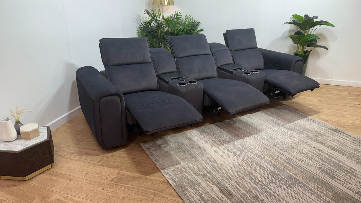 Sofology Premiere Fabric 3 Seater Compact Cinema Sofa Smart Consoles Power Recliner/Headrest x 3 in Lifestyle Flecked Anthracite