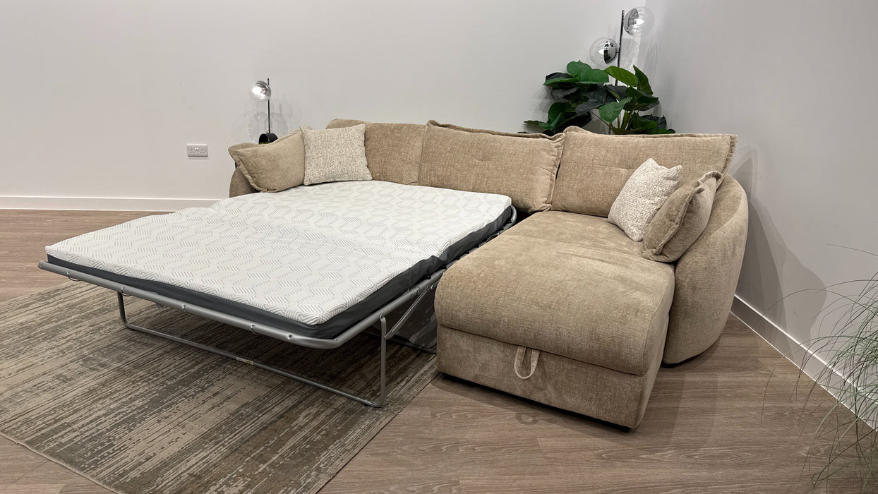 Sofology Portobello Fabric 3 Seater Chaise Sofabed Foam Seats Storage Hybrid Pocket Mattress in Teddy Chenille Natural Mix