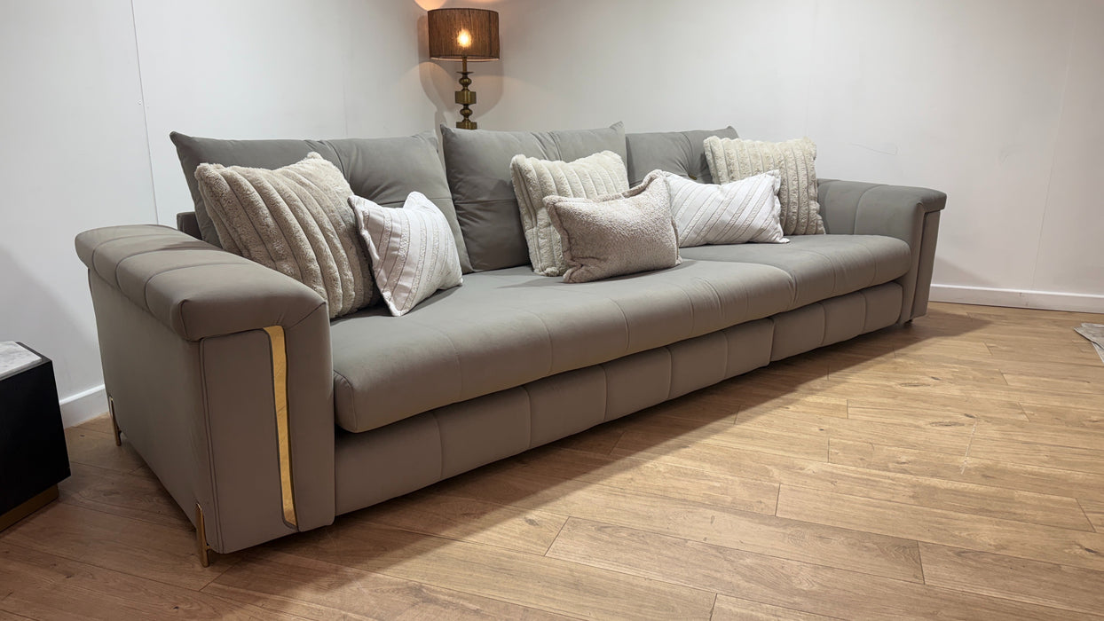 Sofology Oscar Fabric 4 Seater Gold Trim in Matt Velvet Pebble