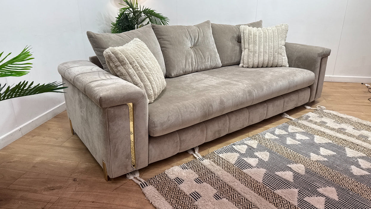 Sofology Oscar Fabric 4 Seater Gold Trim in Fine Textured Chenille Stone Mix