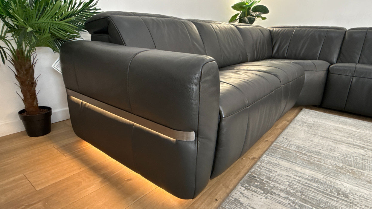 Sofology Lumiere Leather 3 Corner 3 Power Recliner/Headrest Heated Seat in Trusty Embossed Charcoal