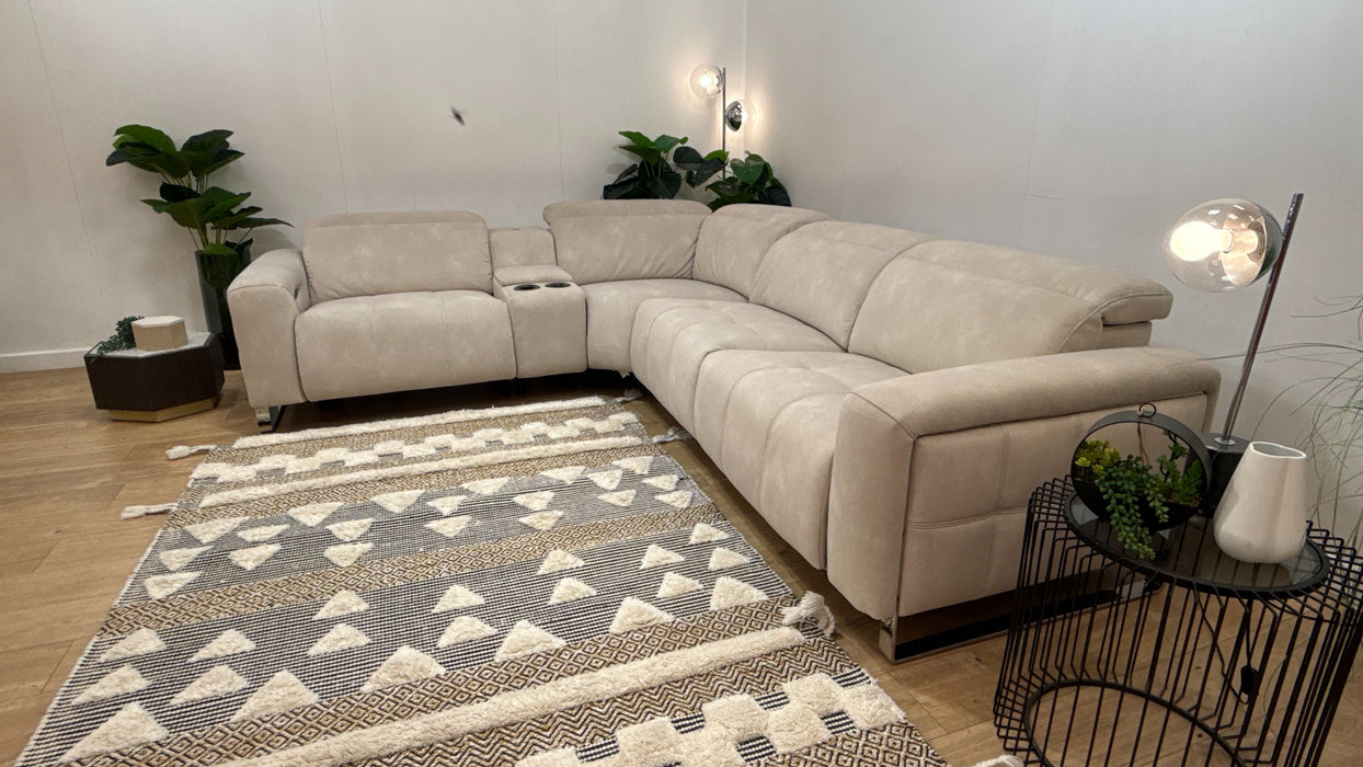 Sofology Marvella Fabric 1.5 Console Corner 3 Power Recliner/Headrest Heated Seat in Lifestyle Flecked Ivory