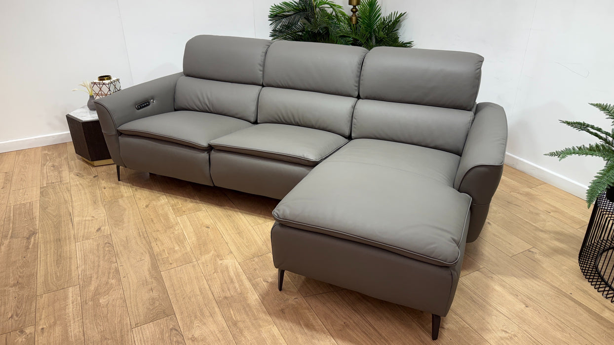Sofology Viento Leather 3 Seater Chaise Power Recliner/Headrest Lumbar Heated Seat in Trusty Super Matt Storm Grey