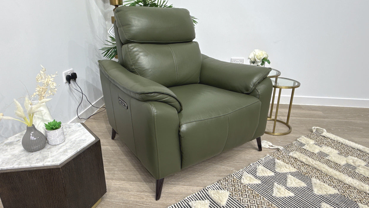 Sofology Arlo Leather Power Recliner + Power Headrest in Dark Olive