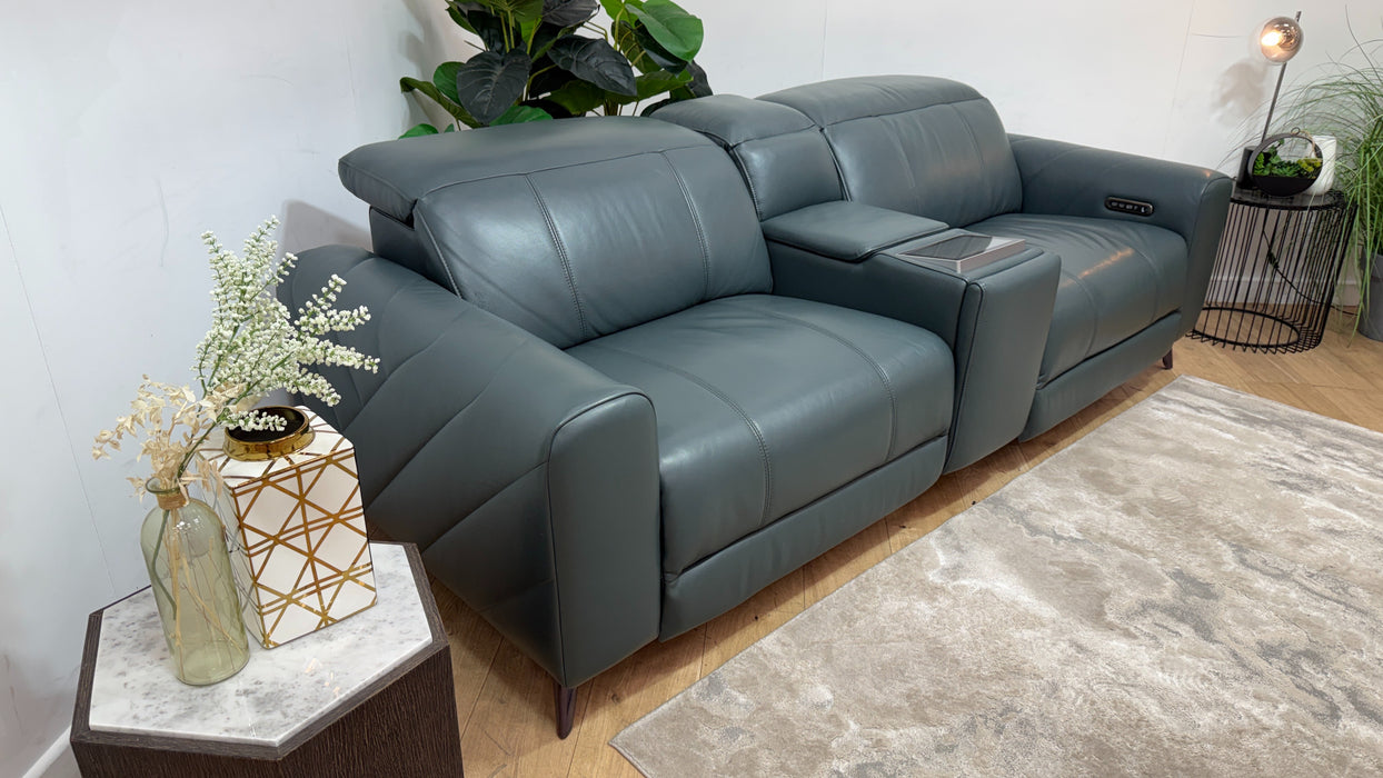 Sofology Allure Leather 2.5 Seater Screen Console Power Recliner/Headrest Heated Seats Lumbar Support Speakers in Trusty Embossed Peacock