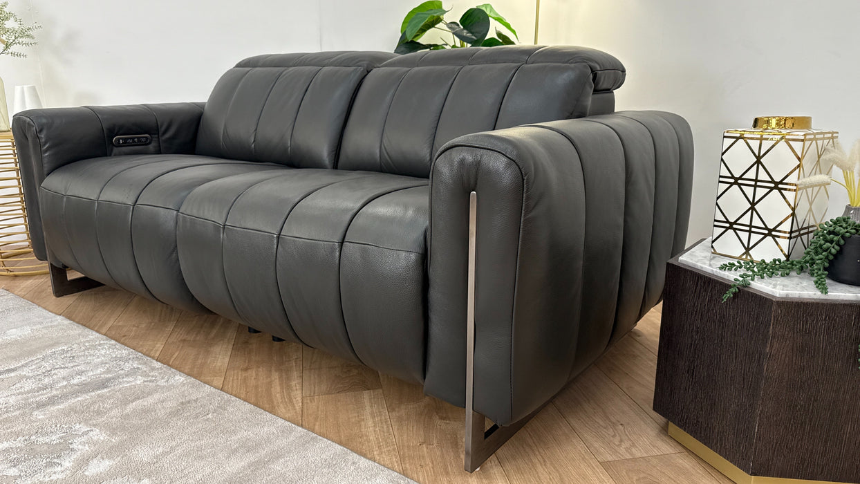 Sofology The Paramount Leather 2.5 Seater Console Power Recliner/Headrests Speakers in Trusty Embossed Charcoal