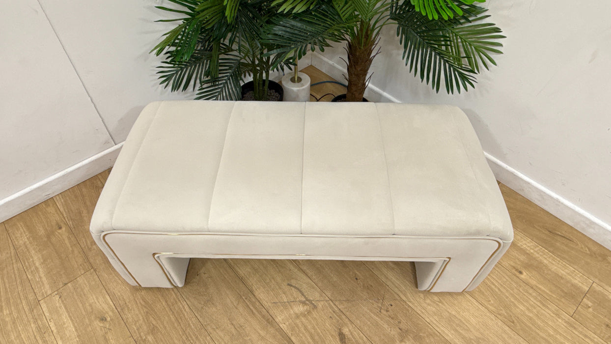 Sofology Oscar Fabric Small Bench Footstool Gold Trim in Super Matt Velvet Ecru