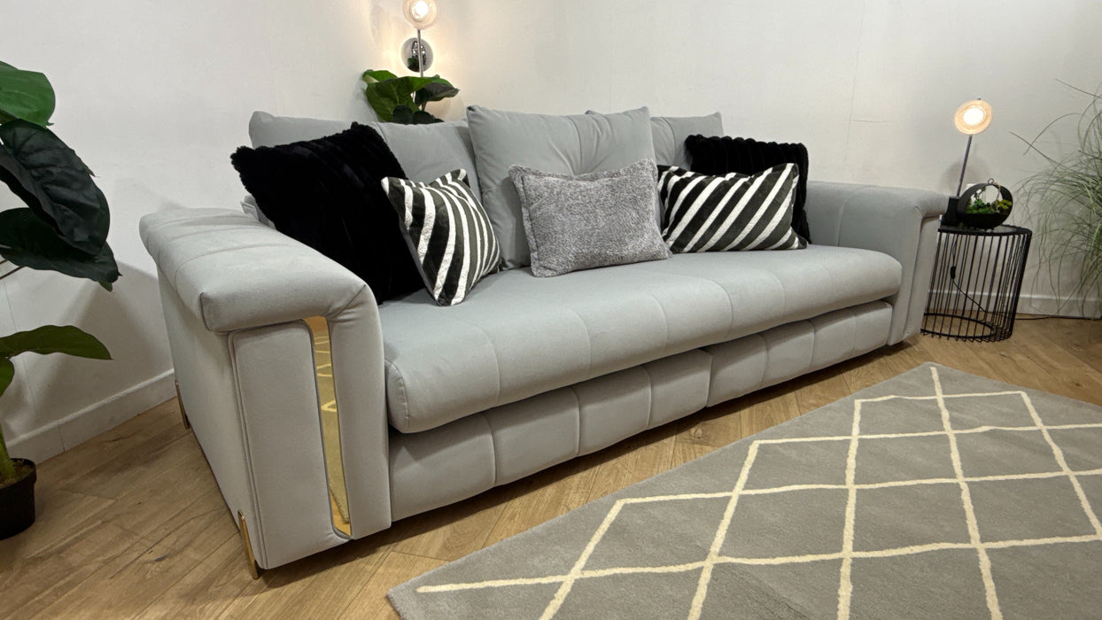 Sofology Oscar Fabric 4 Seater Split Gold Trim in Super Matt Velvet Silver Mix