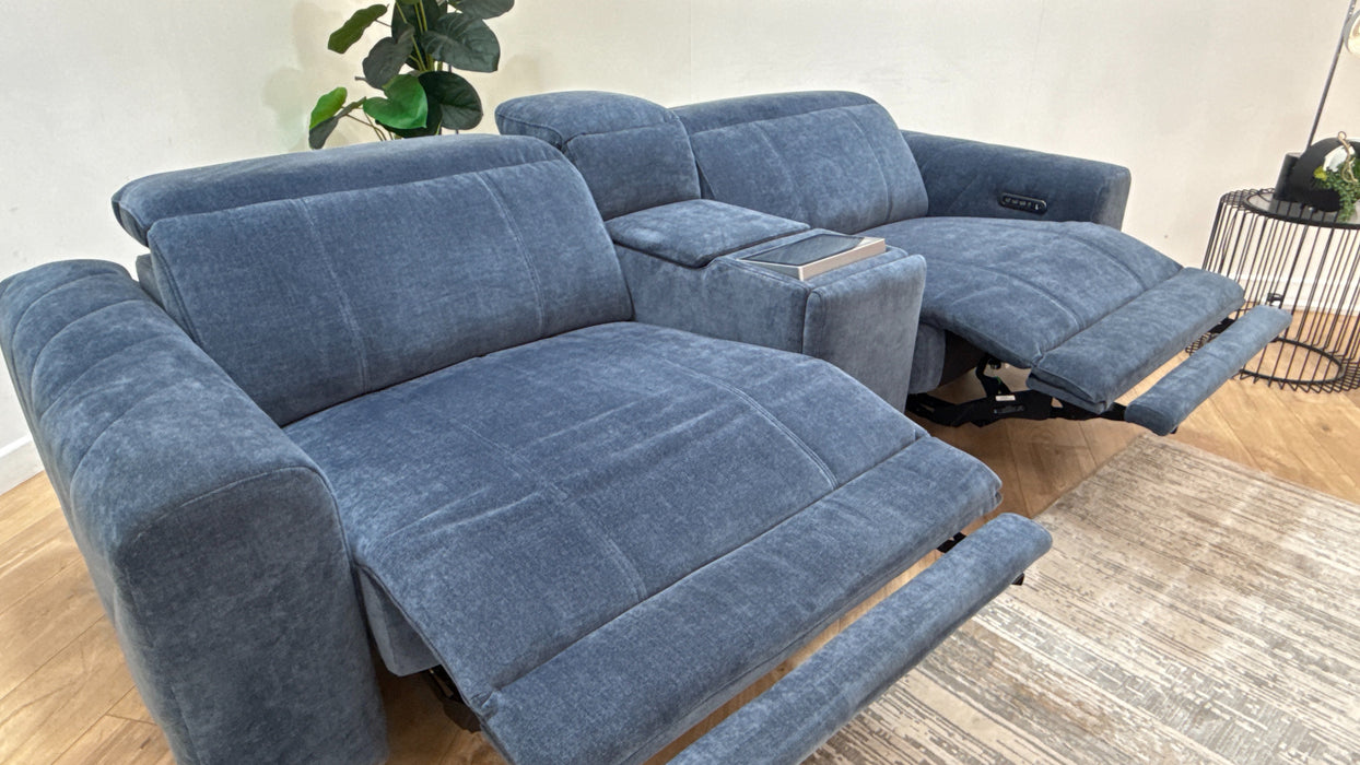 Sofology Allure Fabric 2.5 Seater Console with Screen Power Recliner/Headrest Heated Seats Lumbar Speakers in Relaxed Chenille Denim