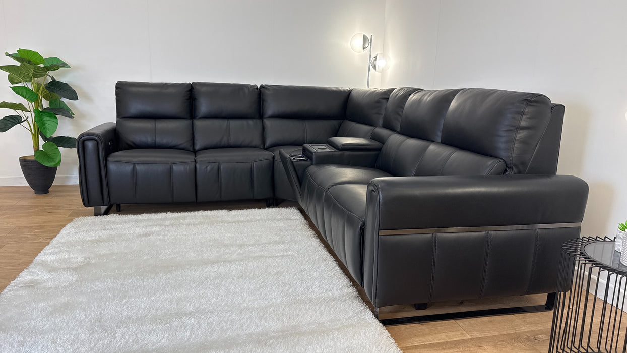 The Ravello 2 Corner 2 + console   - Power Recliner - leather Sofa - Jet Black