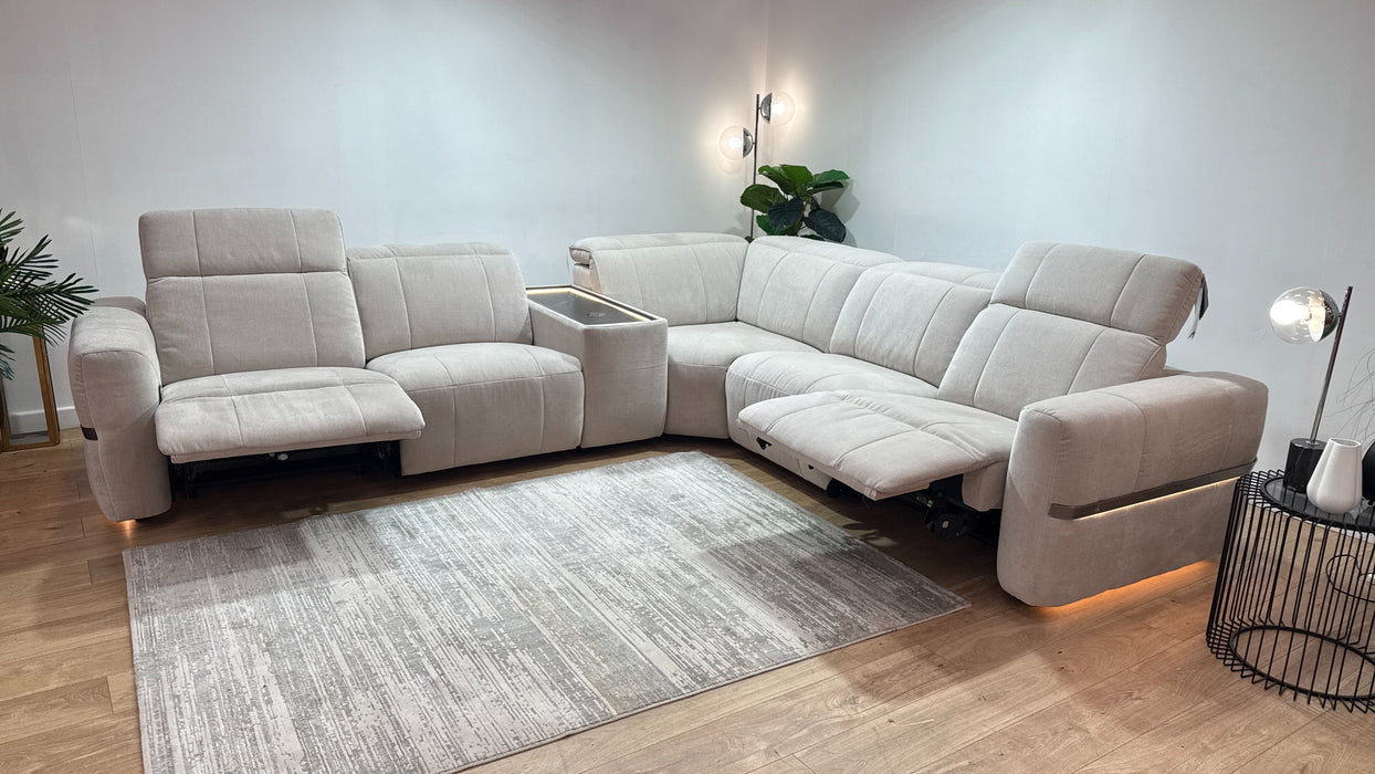 Sofology Lumiere Fabric 3 Console Corner 3 Power Recliner/Headrest Gunmetal Trim in Relaxed Chenille Cotton