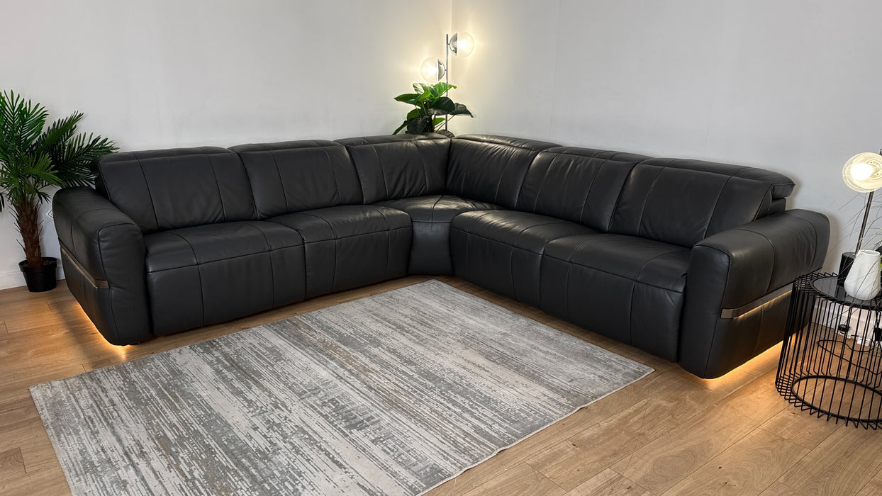 Sofology Lumiere Leather 3 Corner 3 Power Recliner/Headrest Heated Seat in Trusty Embossed Charcoal