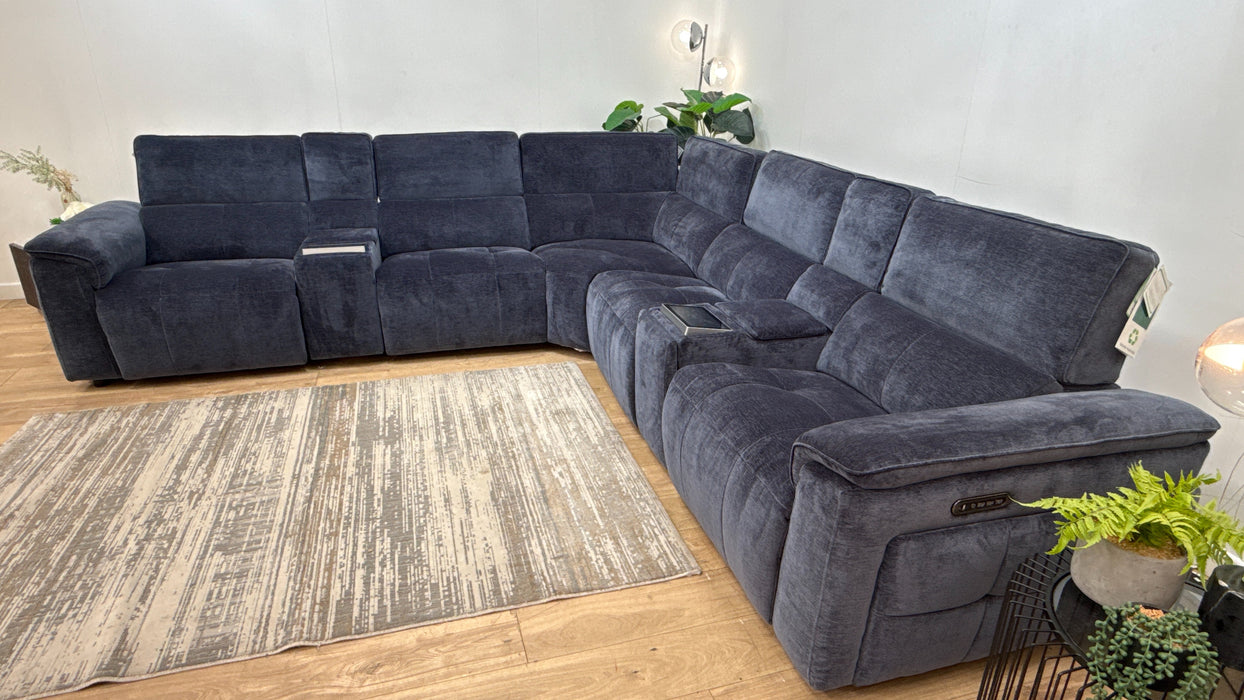 Sofology 3 Console Corner 3 Power Recliner/Headrest Heated Seats Lumbar Support in Montreal Denim