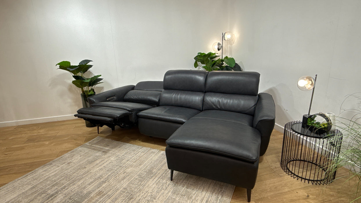Sofology Viento Leather 3 Seater Chaise Power Recliner/Headrest Heated Seat Lumbar Support in Trusty Embossed Navy