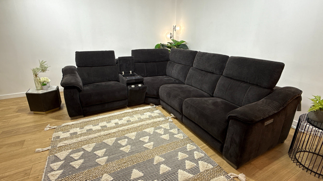 Sofology Carrera Fabric 1.5 Smart Console Corner 3 Power Recliner/Headrest in Relaxed Chenille Raisin