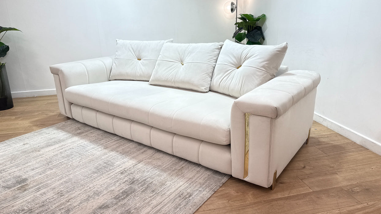 Sofology Oscar Fabric 4 Seater Gold Trim in Super Matt Velvet Ecru Mix