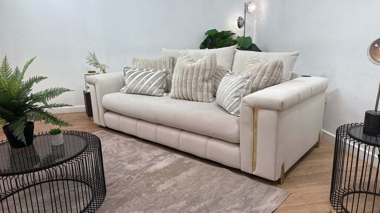 Sofology Oscar Fabric 3 Seater Gold Trim in Super Matt Velvet Ecru Mix