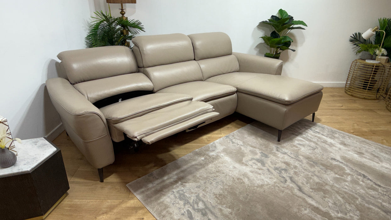 Sofology Viento Leather 3 Seater Chaise Power Recliner/Headrest Lumbar in Trusty Embossed Stone