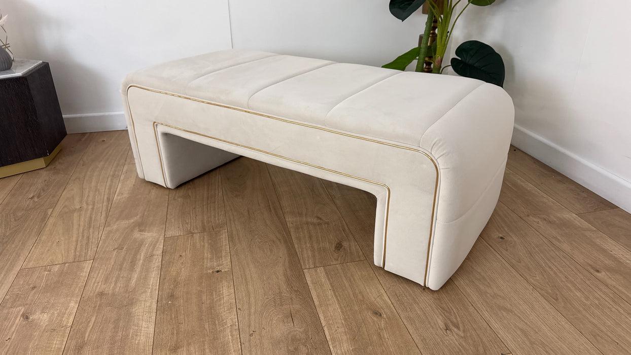 Sofology The Oscar Fabric Small Bench Footstool Gold Trim in Super Matt Velvet Ecru
