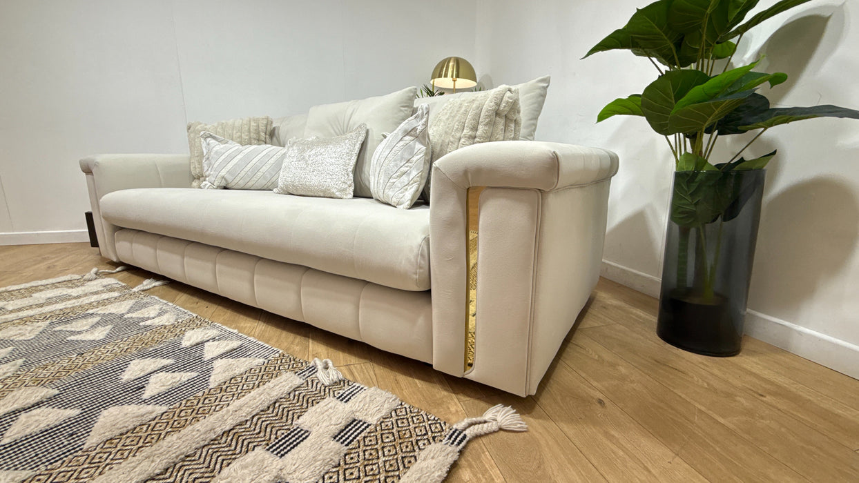 Sofology Oscar Fabric 4 Seater Gold Trim in Super Matt Velvet Ecru Mix