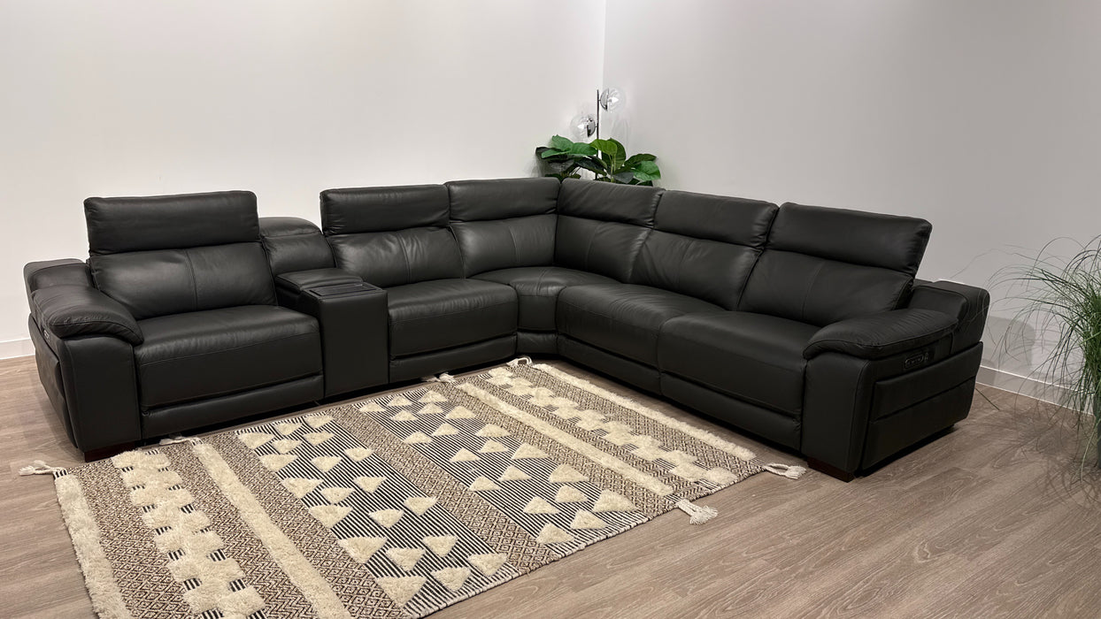 Sofology Portland Leather 3 Console Corner 3 Power Recliner/Headrest Heated Seats in Trusty Embossed Charcoal