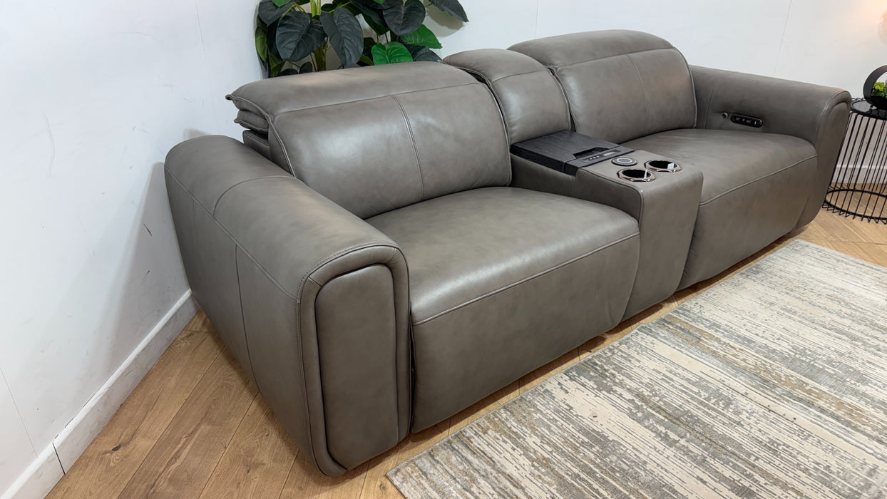 Sofology Premiere Leather 2.5 Seater Smart Console Power Recliner/Headrest Heated Seats in Trusty Embossed Grey