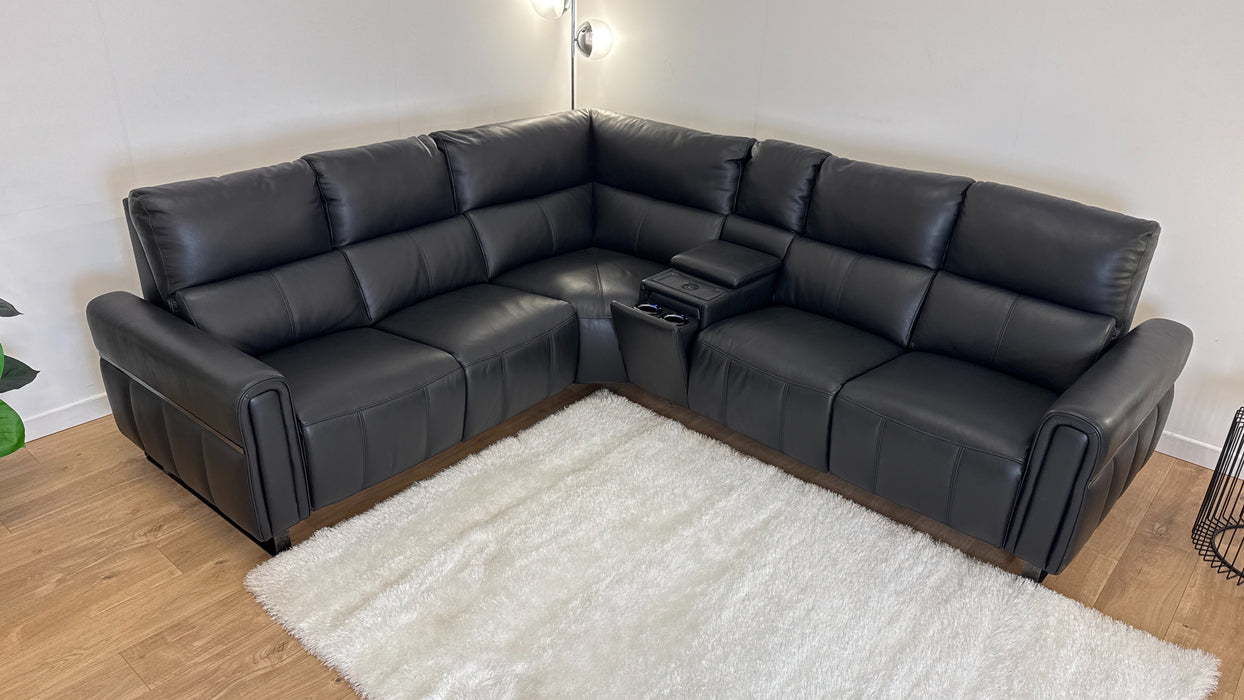 The Ravello 2 Corner 2 + console   - Power Recliner - leather Sofa - Jet Black