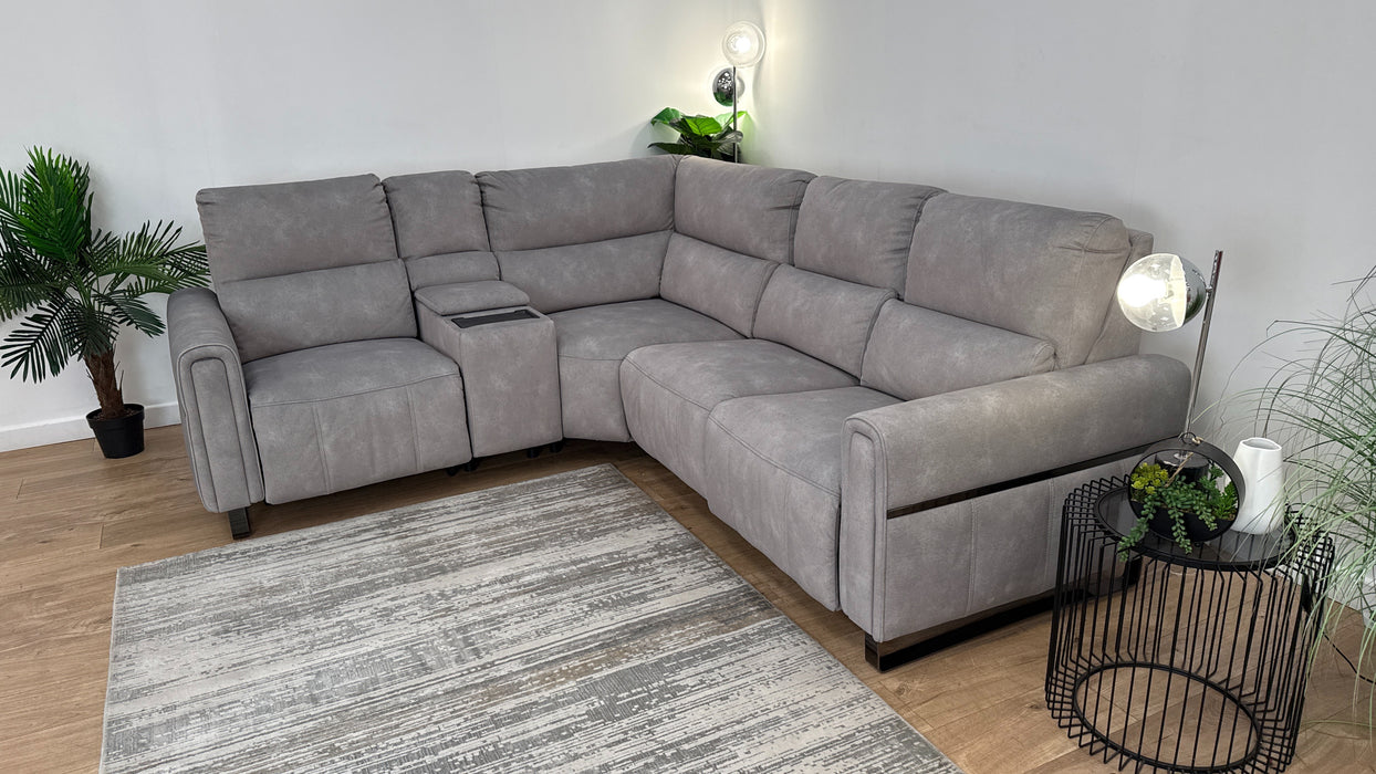 Sofology The Ravello Fabric 1 Console Corner 2 Power Recliner/Headrest Lumbar Support in Lifestyle Flecked Fabric Stone