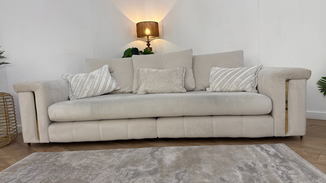 Sofology The Oscar Fabric 4 Seater Split Gold Trim in Super Matt Velvet Ecru Mix