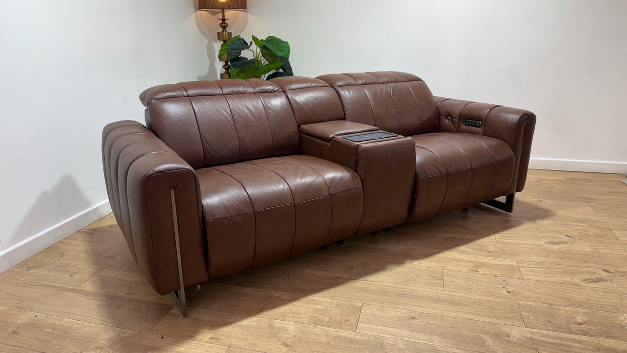 Sofology Paramount Leather 2.5 Seater Console Power Recliner/Headrest Heated Seats Speakers in Trusty Embossed Chestnut