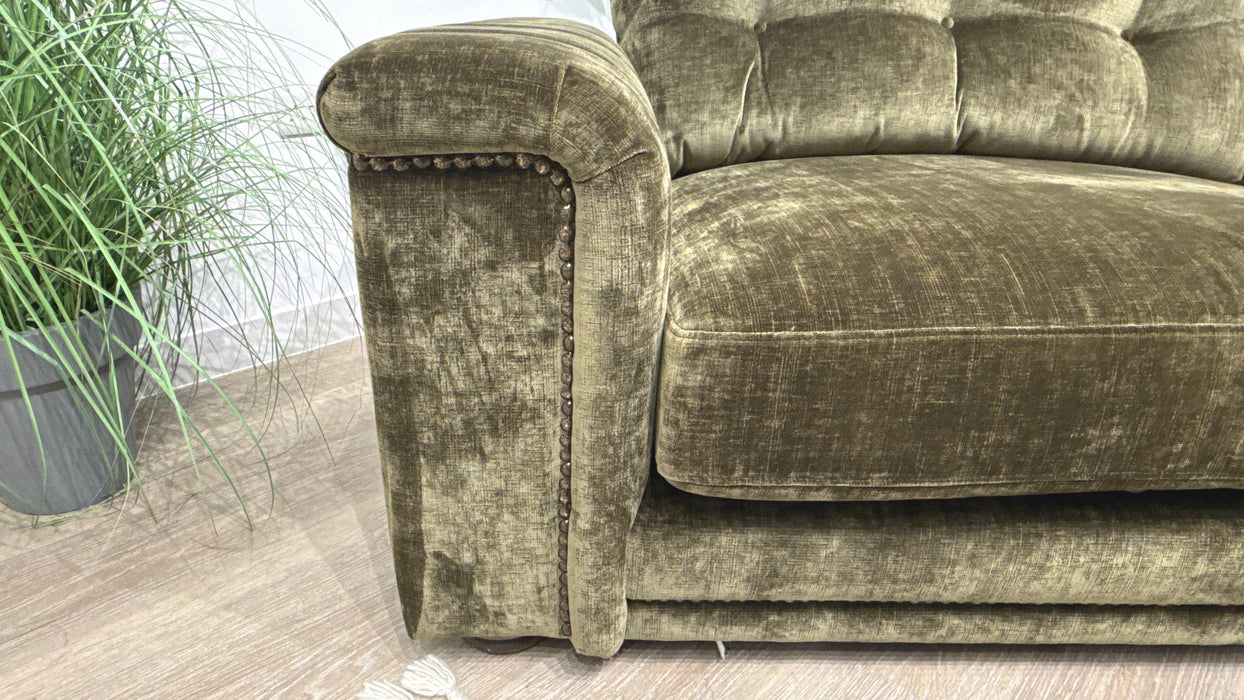 Sofology Regency Fabric Loveseat Foam Seat with Studs in Luxe Chenille Olive Mix