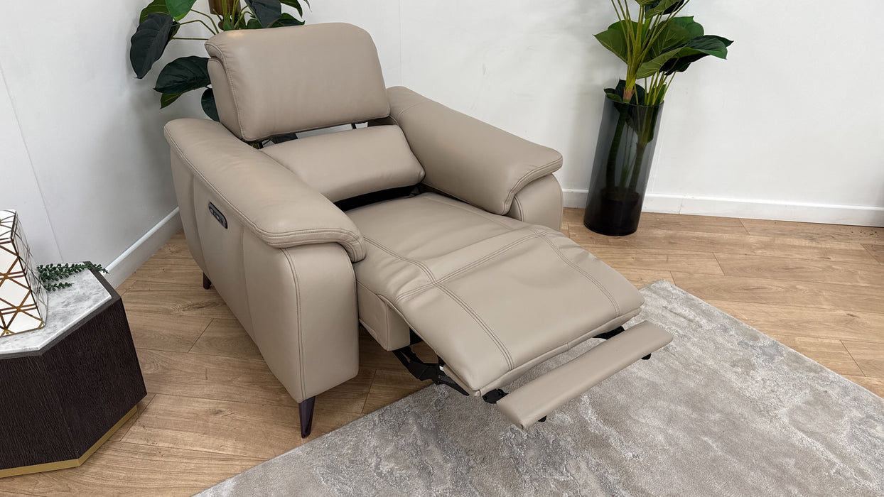 Sofology Bailey Leather Chair Power Recliner/Headrest in Trusty Embossed Stone