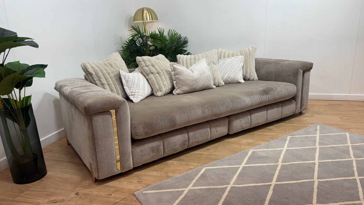 Sofology Oscar Fabric 4 Seater Split Gold Trim in Fine Textured Chenille Stone Mix