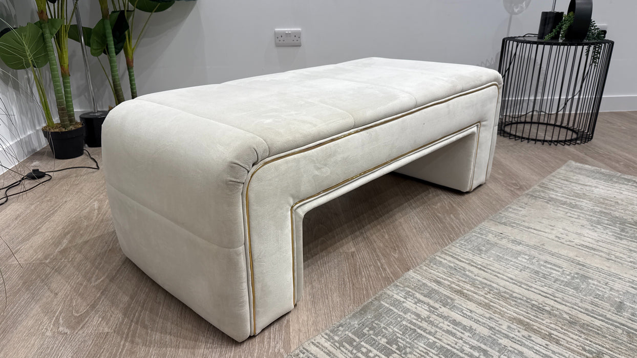 Sofology Oscar Fabric Small Bench Footstool Gold Trim in Super Matt Velvet Ecru