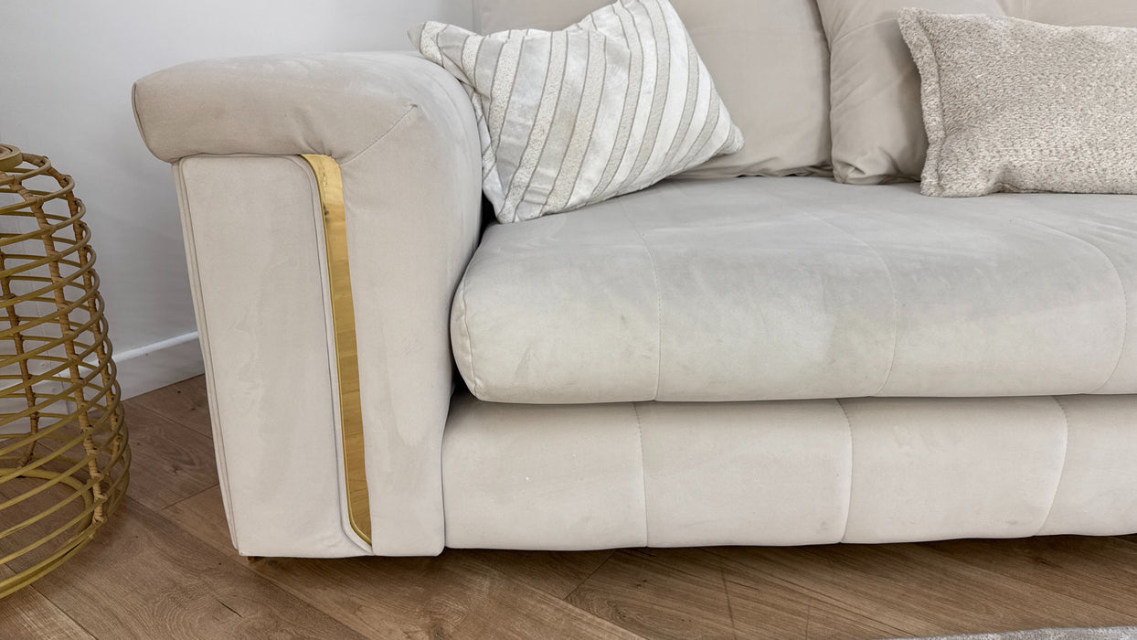 Sofology The Oscar Fabric 4 Seater Split Gold Trim in Super Matt Velvet Ecru Mix