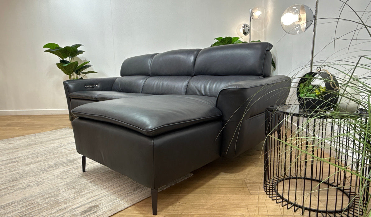 Sofology Viento Leather 3 Seater Chaise Power Recliner/Headrest Heated Seat Lumbar Support in Trusty Embossed Navy