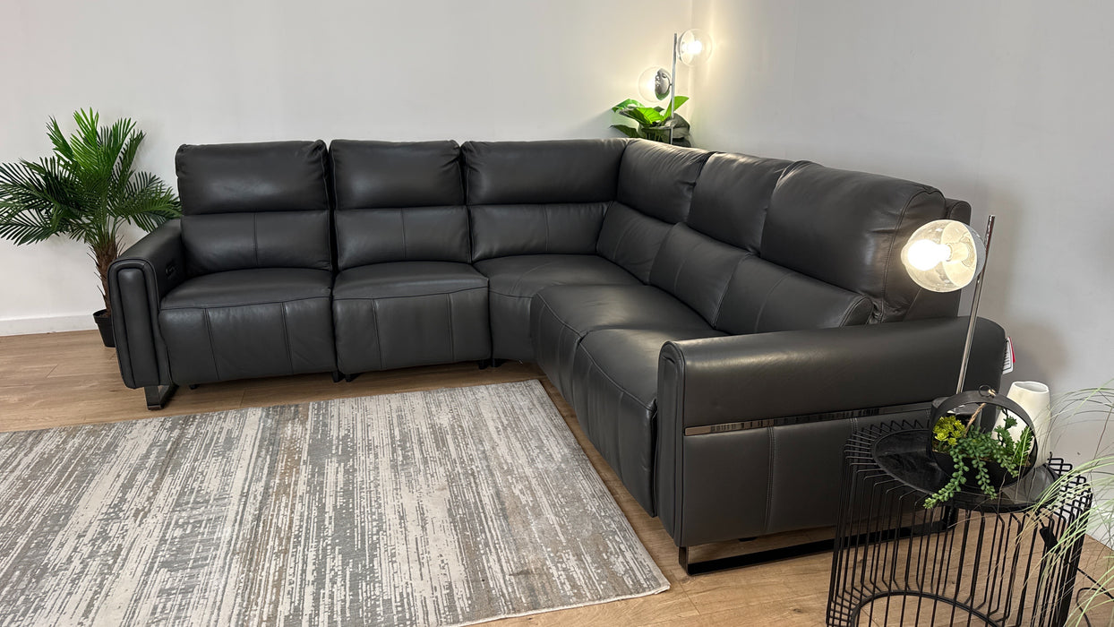 Sofology The Ravello Leather 1 Corner 2 Power Recliner/Headrest Lumbar + Armless Unit Power Recliner Support in Trusty Embossed Charcoal