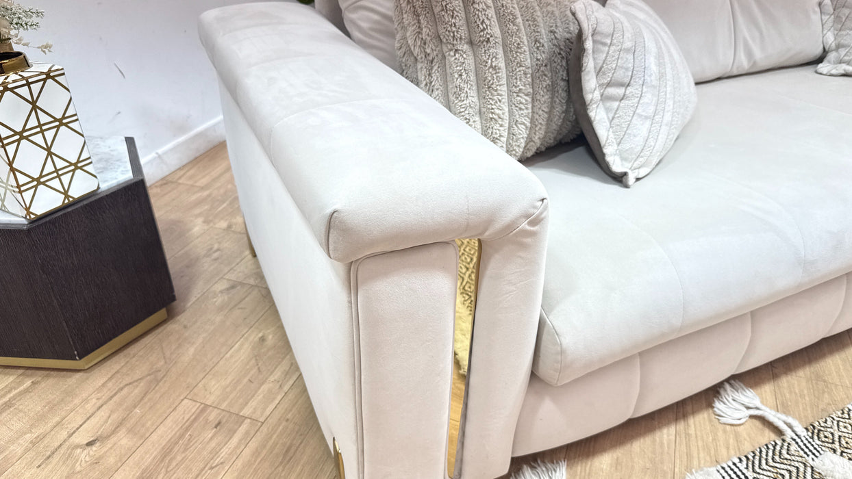 Sofology Oscar Fabric 4 Seater Gold Trim in Super Matt Velvet Ecru Mix