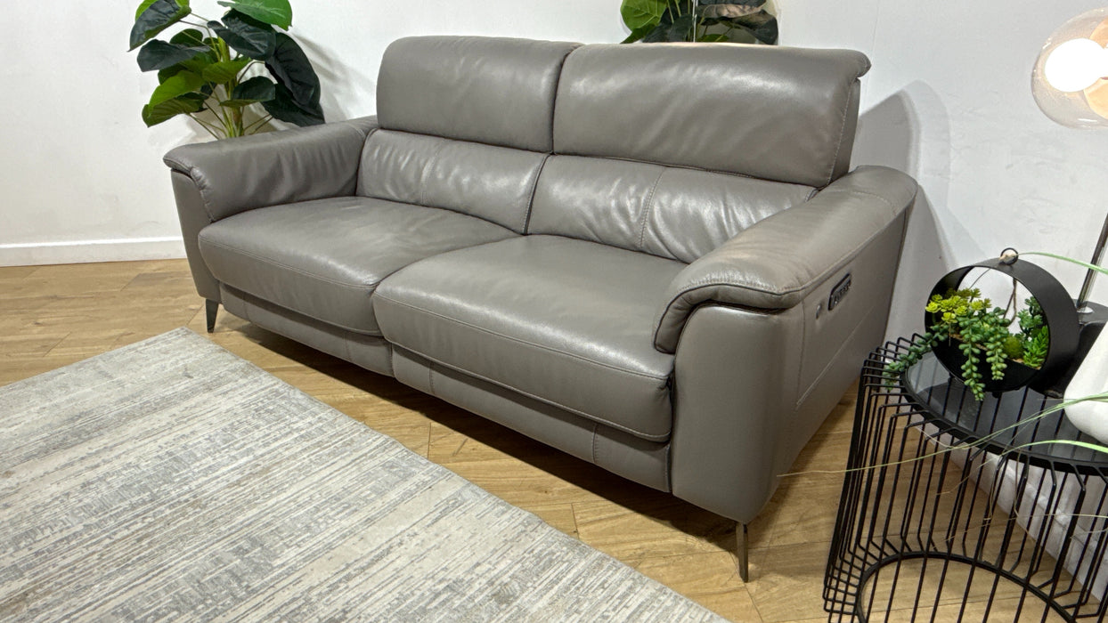 Sofology Illinois Leather 3 Seater Power Recliner/Headrest Heated Seats in Trusty Soft Sheen Fossil Grey