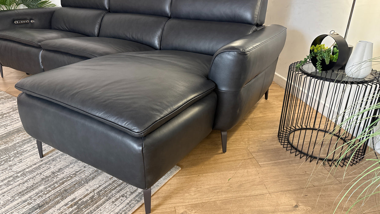 Sofology The Viento Leather 3 Seater Chaise Power Recliner/Headrest Heated Seat Lumbar Support in Trusty Embossed Navy