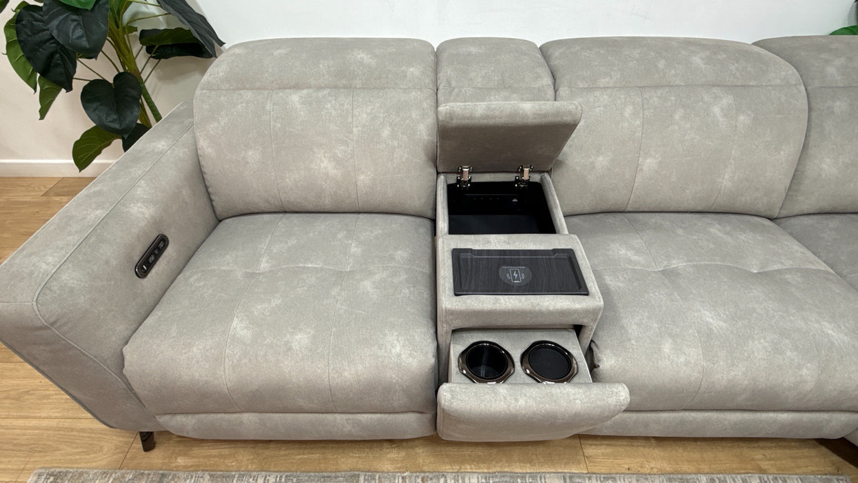 Sofology Jax Fabric 3 Corner 1.5 Chaise Power Recliner/Headrest Console in Lifestyle Flecked Stone