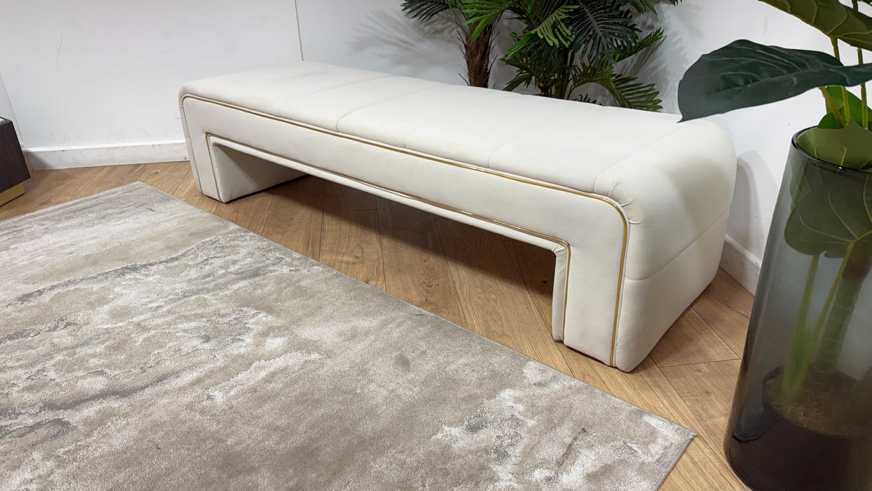 Sofology Oscar Fabric Large Bench Footstool Gold Trim in Super Matt Velvet Ecru