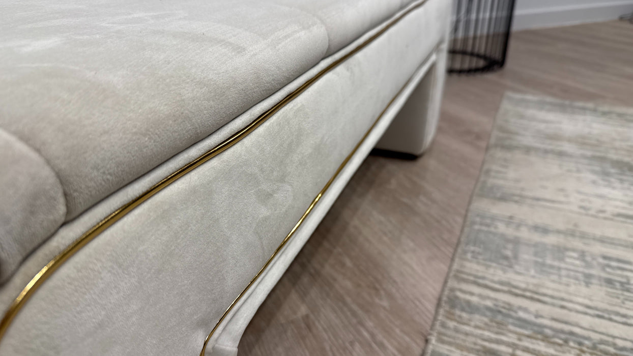 Sofology Oscar Fabric Small Bench Footstool Gold Trim in Super Matt Velvet Ecru